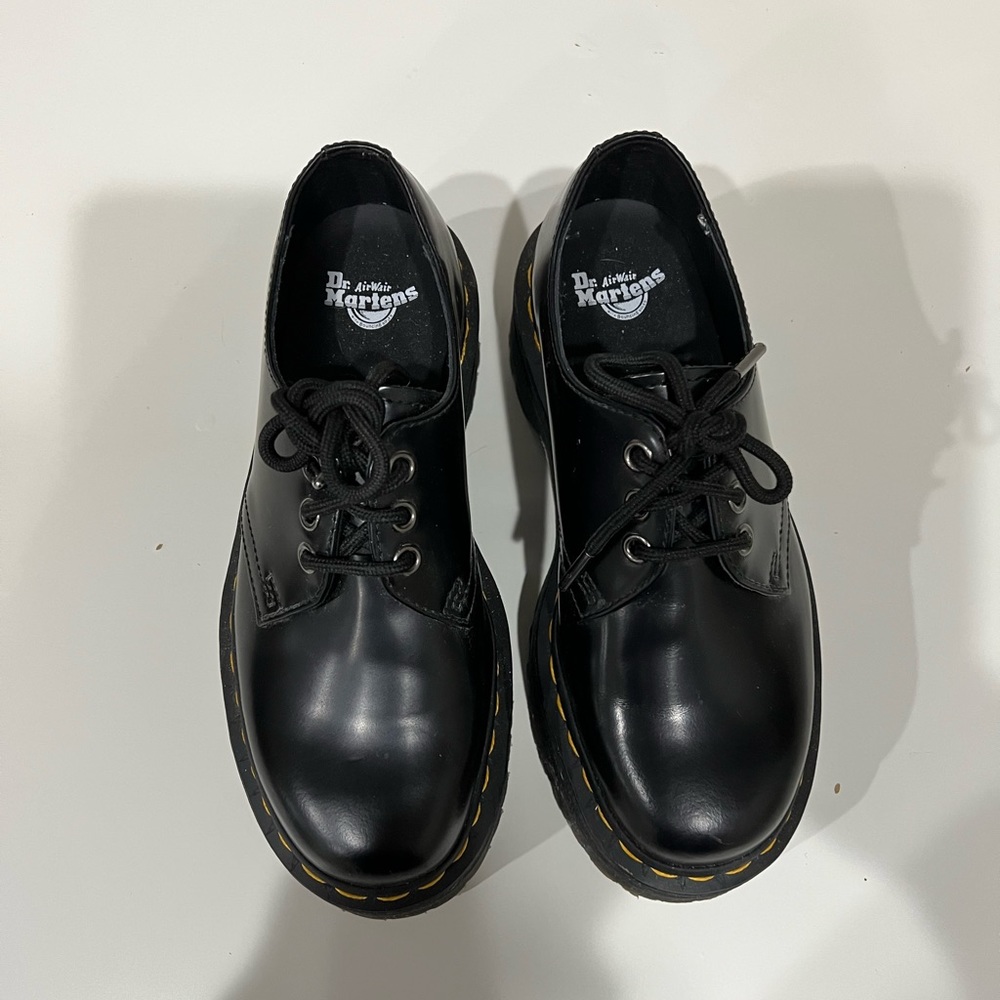 Dr. Martens Black Leather Platform Oxfords with Yellow Stitching